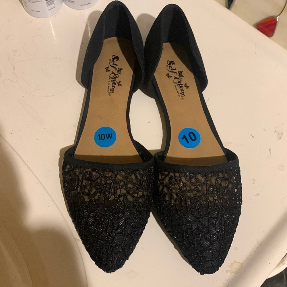 Self Esteem Black Flats with Black Netting